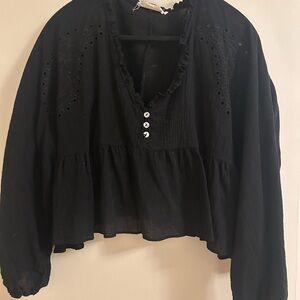 Millibon Black Ruffled Cropped Blouse with Button Detail